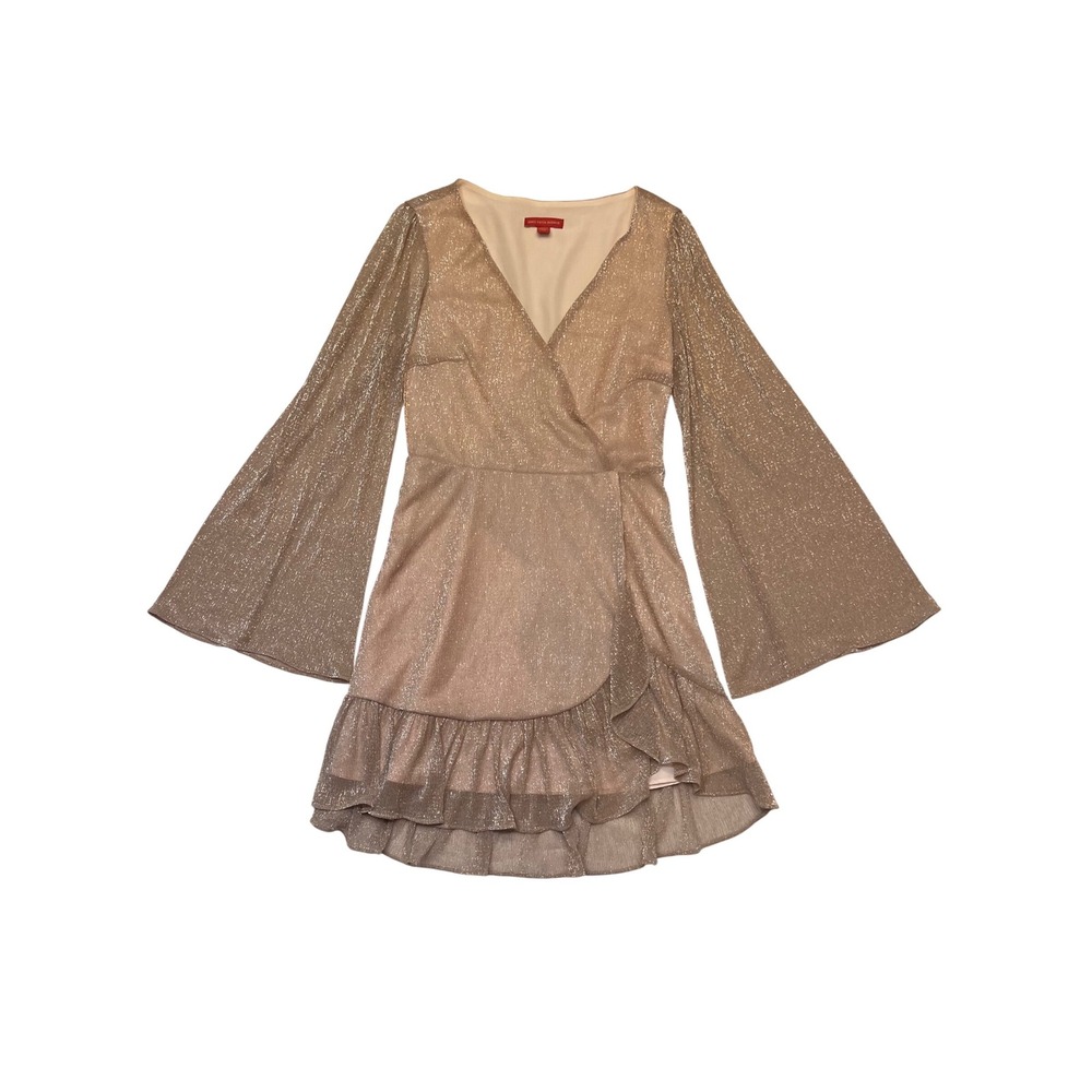 Saks Fifth Avenue Rose Gold Metallic Bell Sleeve Ruffle Wrap Mini Dress Size S